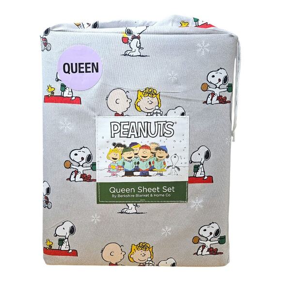 NEW Peanuts Snoopy Christmas Hot Cocoa Sheet Set in Gray [4-piece Queen] - Picture 1 of 7